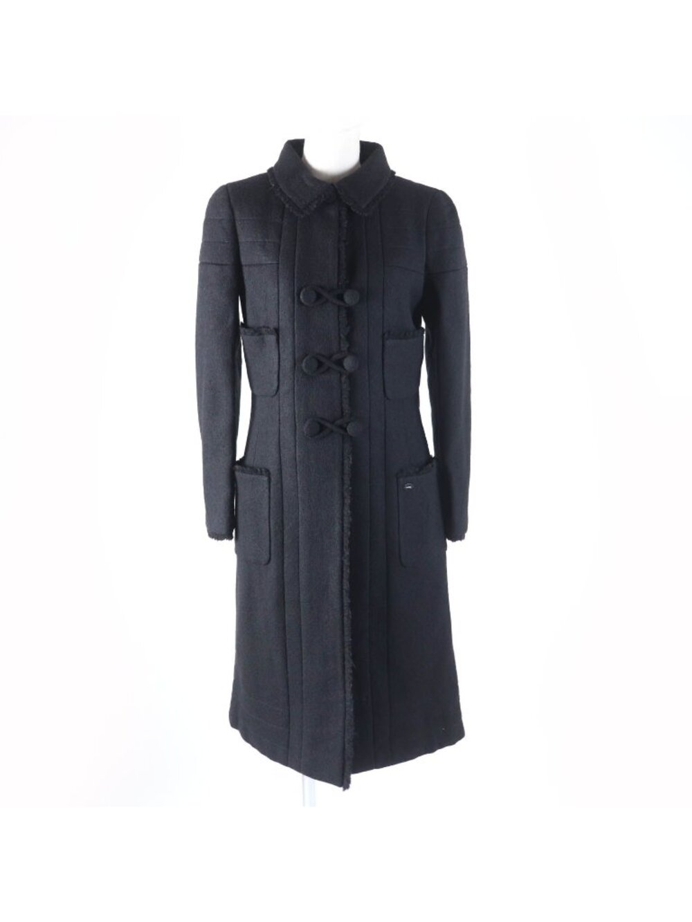 Chanel 06A Lining Silk 100% Logo Plate Cut Off Wool Coat Black 36